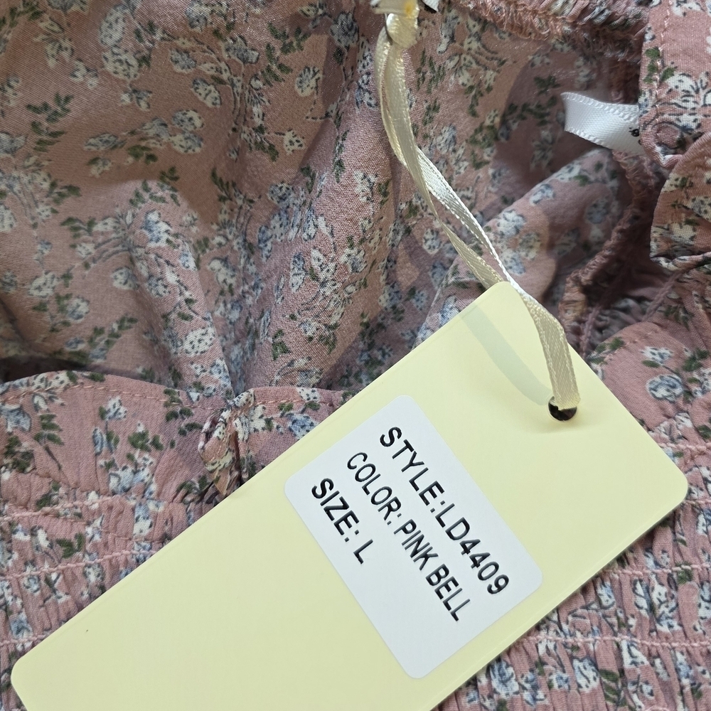 the clothing company NWT Pink Floral Smocked Belted Long Sleeve Dress S/M/L - Picture 9 of 9